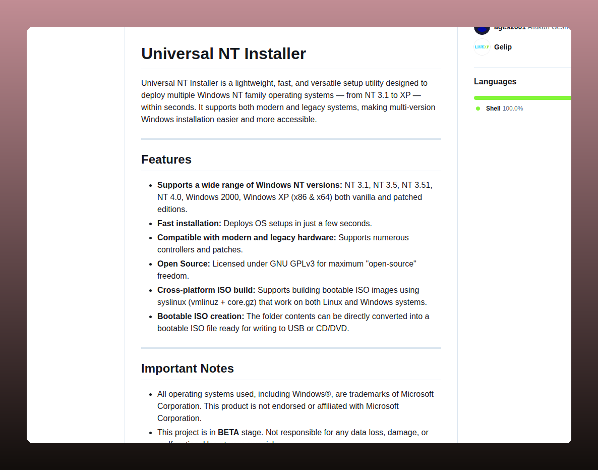 Evrensel Windows NT Kurulum Aracı ekran görüntüsü